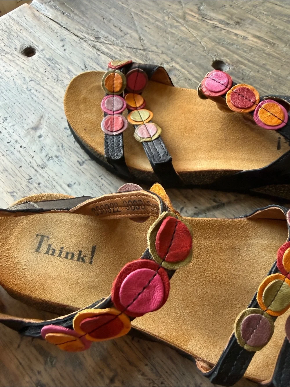 Think! Women's Black Sandals with Pink & Orange Accents